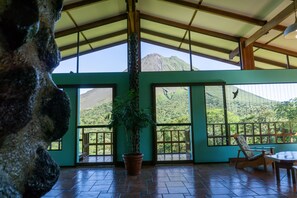 A room with a view of a mountain, a potted plant, and a wooden chair.