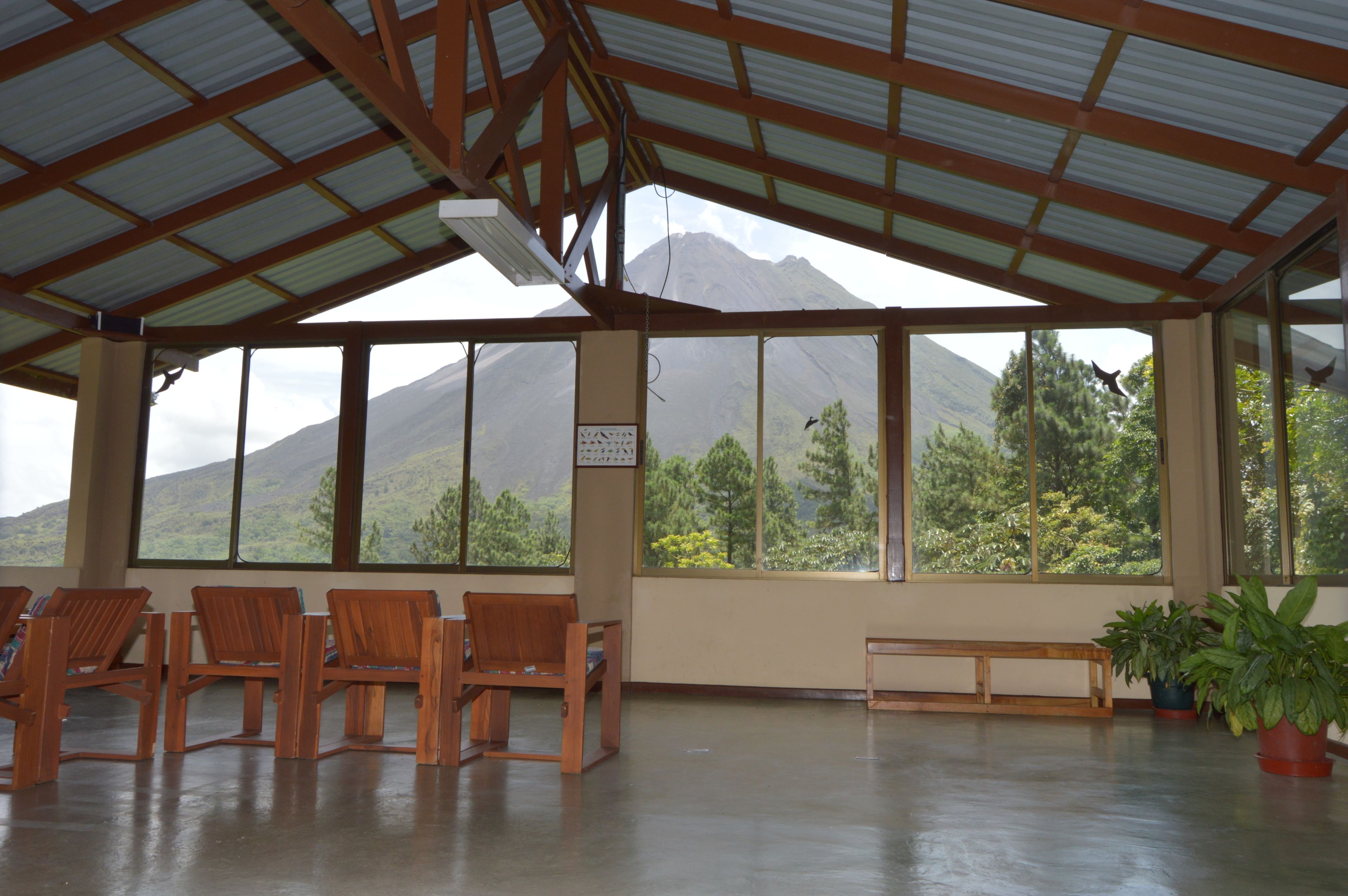 Un espace de repos abrité, avec des chaises en bois et un banc, de grandes fenêtres offrant une vue sur une montagne et des arbres.