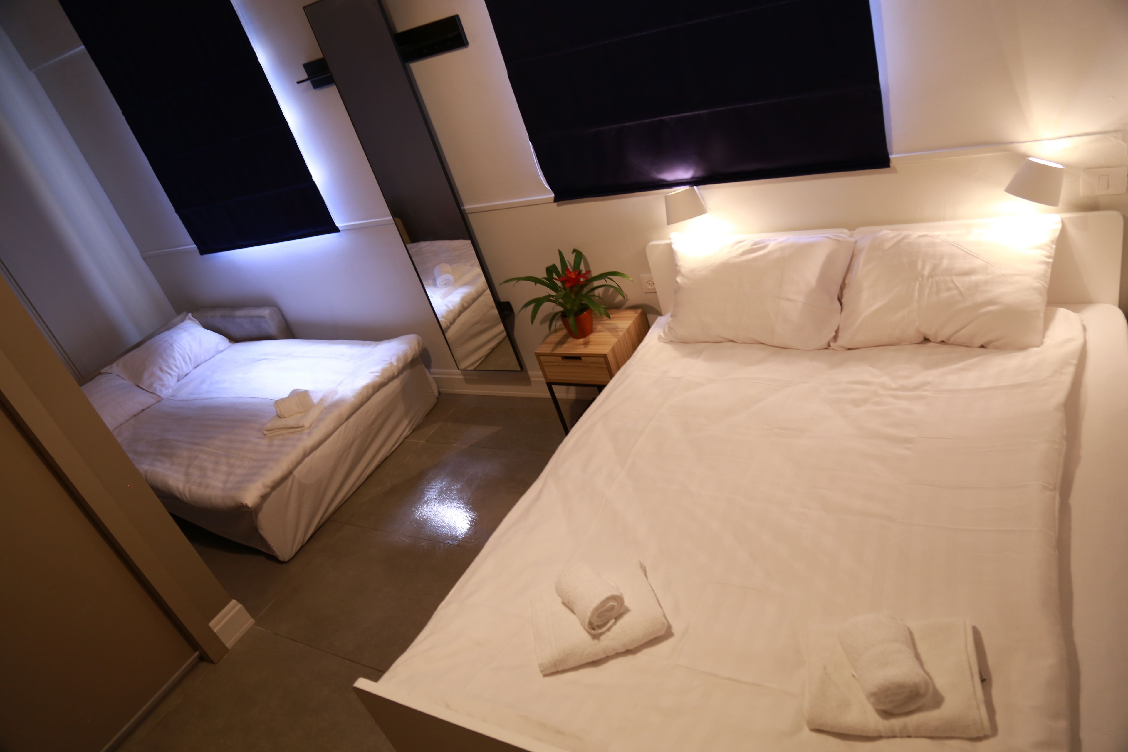 Une chambre d’hôtel avec un grand lit, un lit plus petit, une table de chevet avec une plante et un miroir.