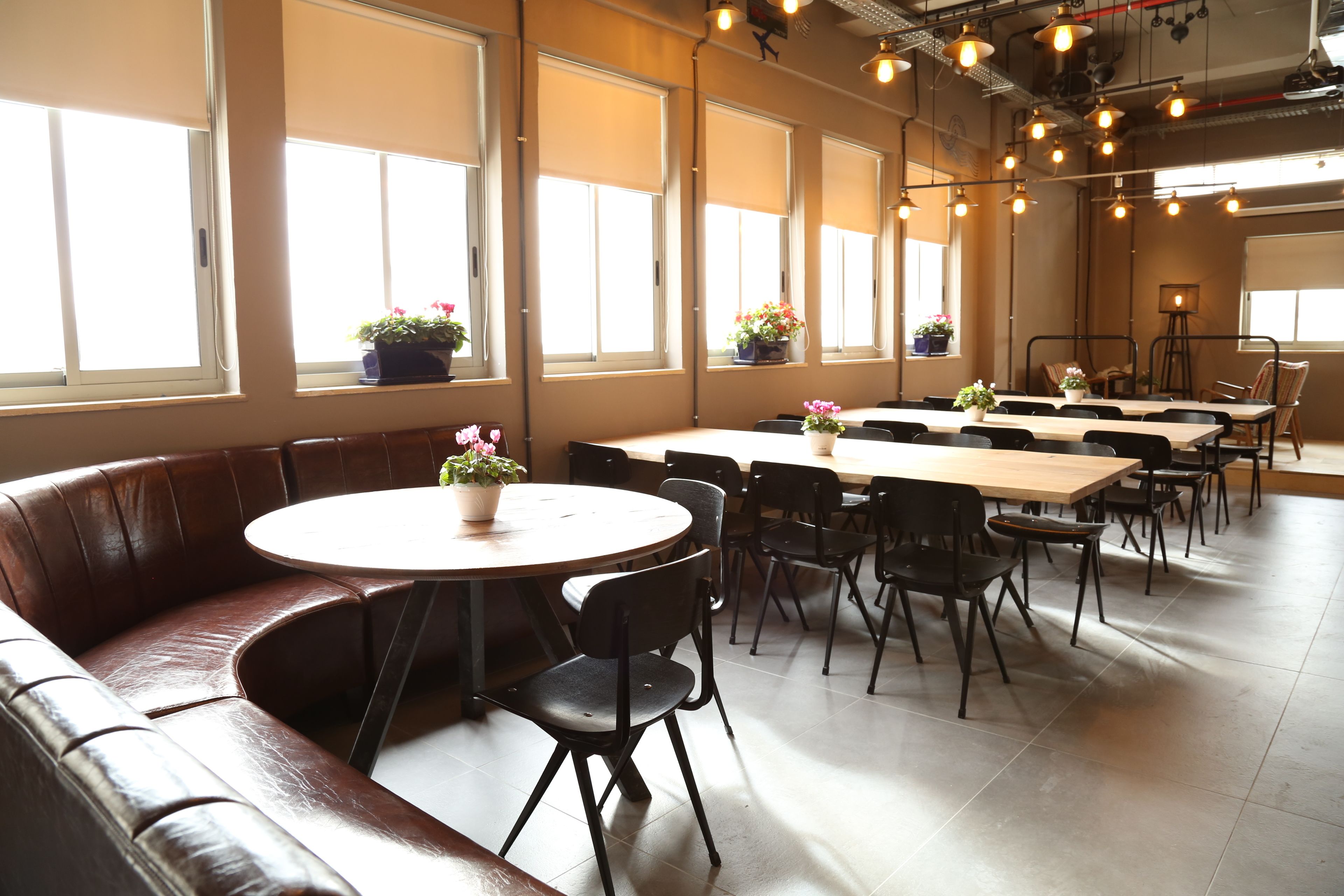 A spacious dining area with multiple tables and chairs, large windows with blinds, and potted plants.