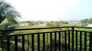 A balcony with a view of a green field and palm trees.