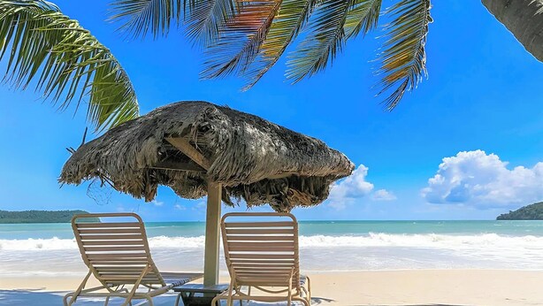Eine Strandansicht mit einem Reetdachschirm und zwei Holzliegen, die auf den Ozean ausgerichtet sind.