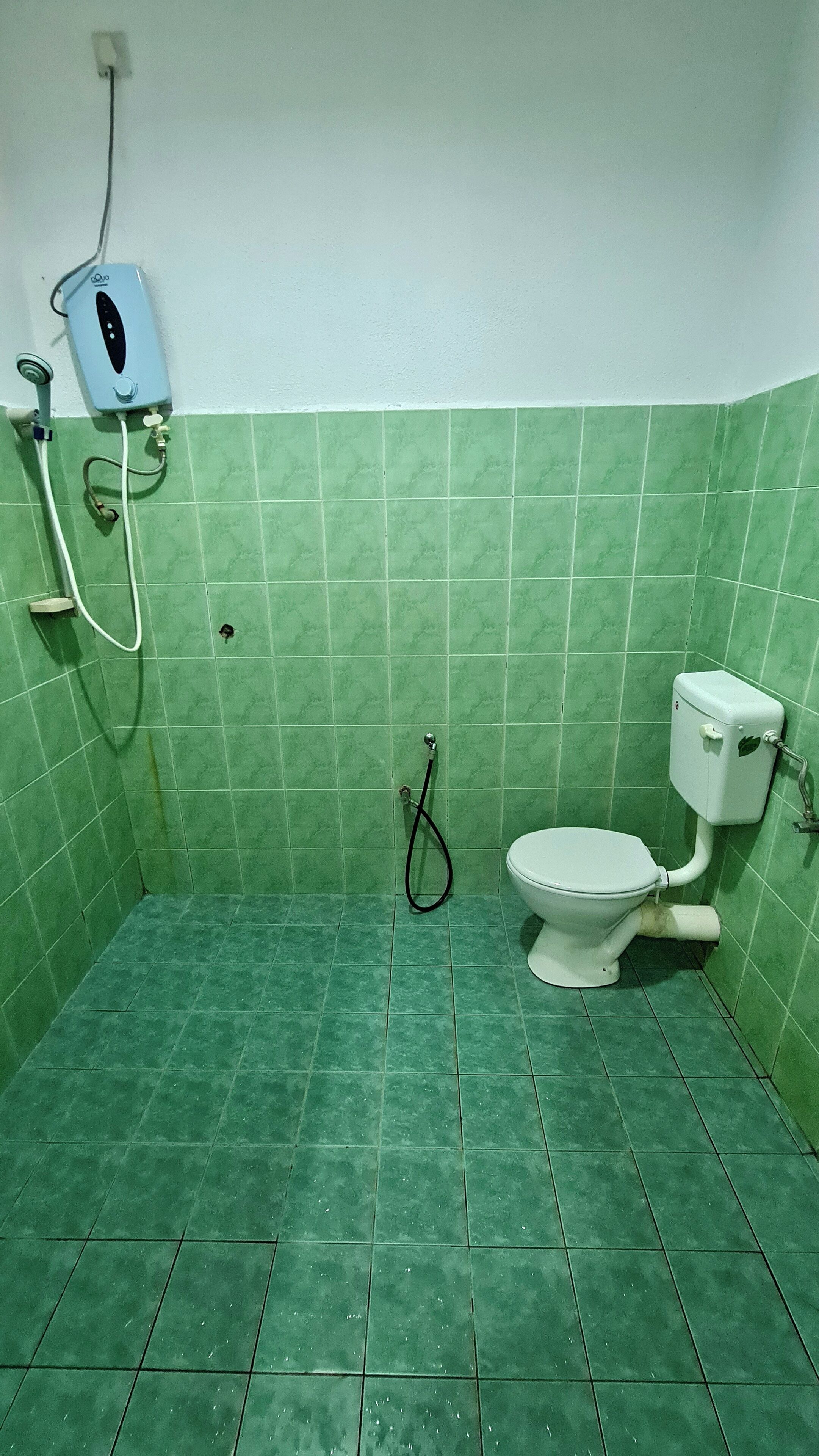 A small bathroom with green tiles, a toilet, and a shower unit.