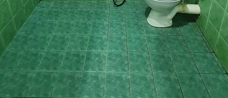 A small bathroom with green tiles, a toilet, and a shower unit.