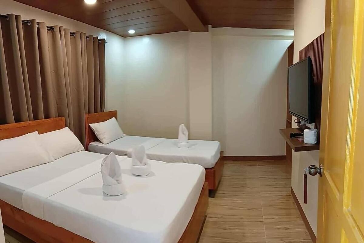 Habitación de hotel con dos camas, televisión y suelo de madera.