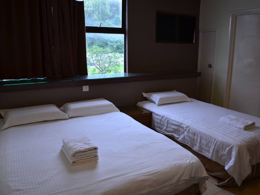 Habitación de hotel con dos camas individuales, una ventana con cortinas, una puerta y un pequeño ventanal sobre la puerta.