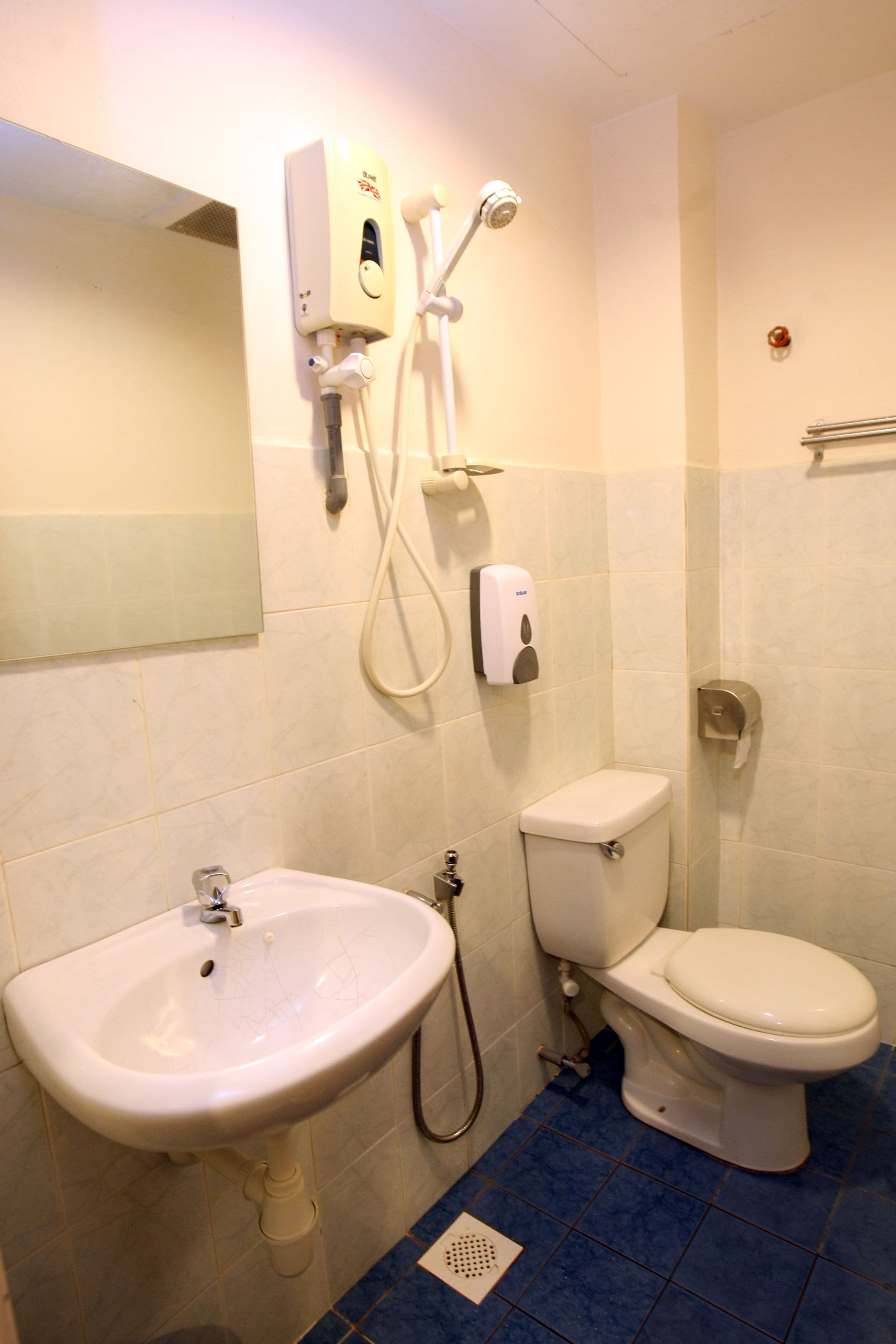 A bathroom with a sink, toilet, and a handheld showerhead.