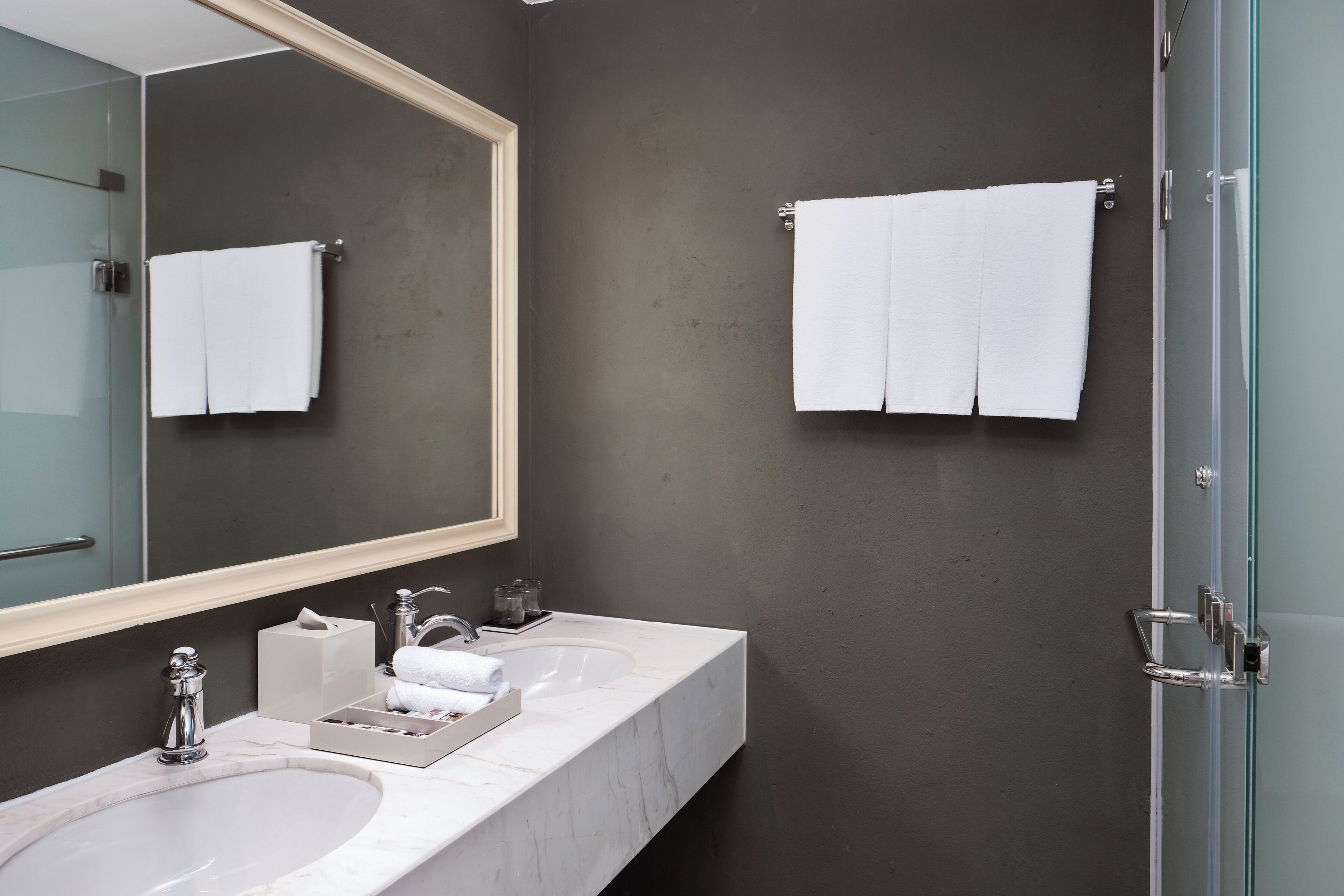 Une salle de bain moderne avec deux lavabos, un grand miroir et des serviettes accrochées au mur.