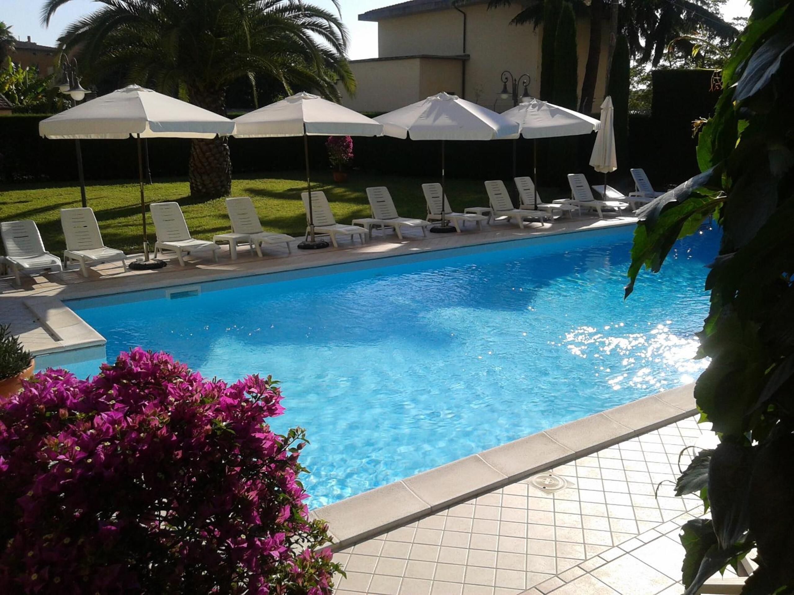 A swimming pool with lounge chairs and umbrellas, surrounded by greenery.