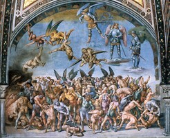 Un mural detallado con figuras con armadura y diversas poses, que sugiere un tema histórico o mitológico.
