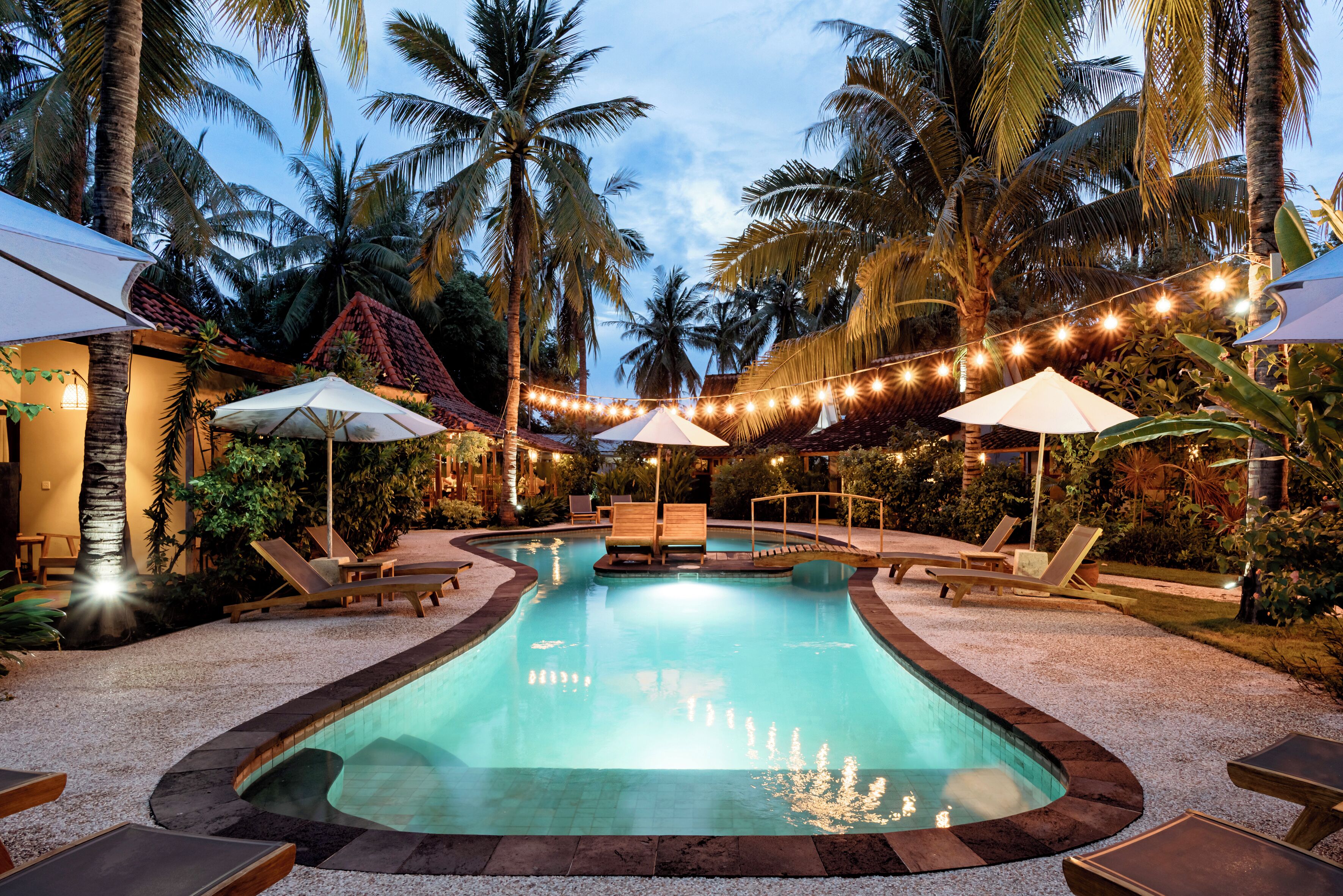 outdoor pool, pool umbrellas, pool loungers