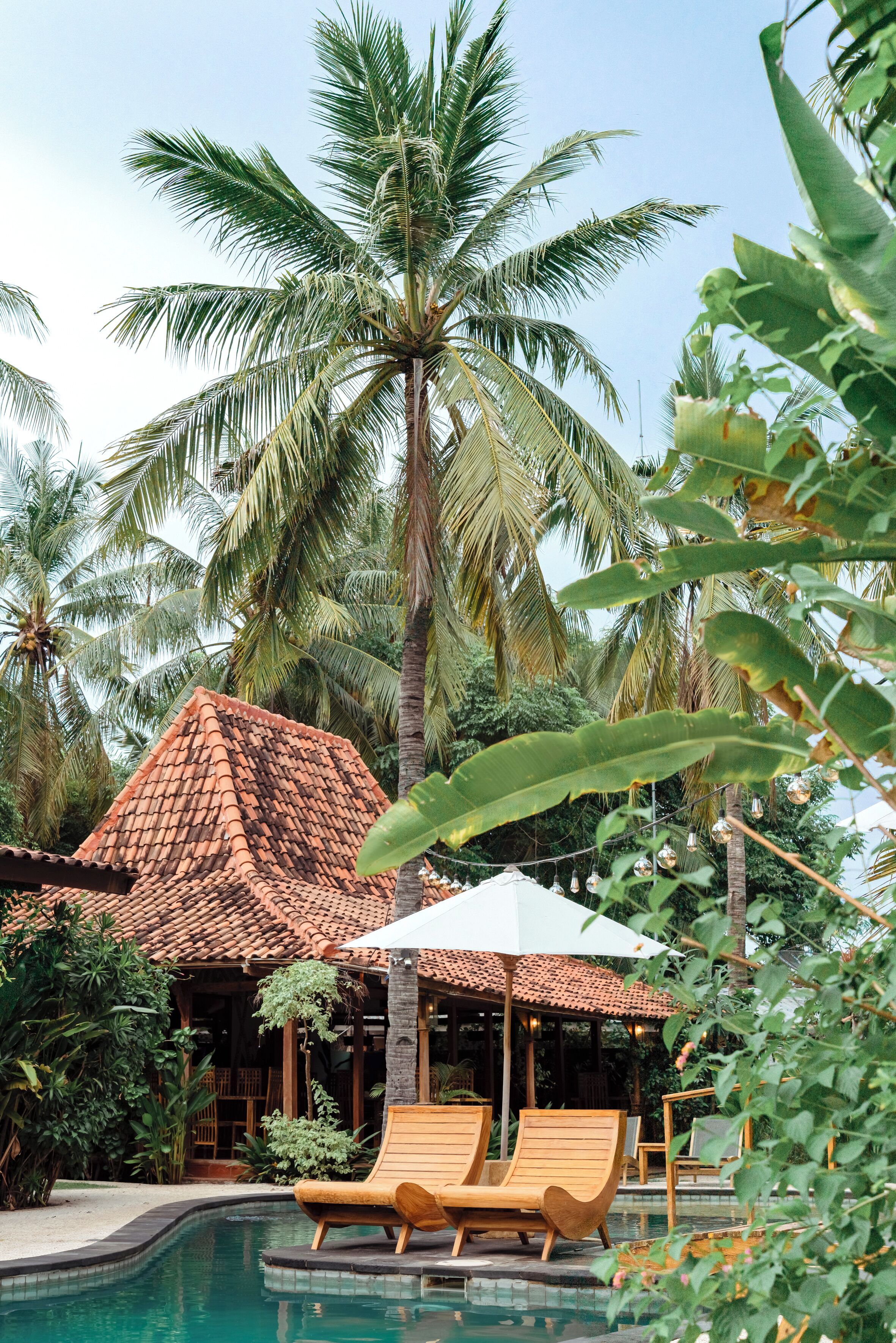 A pool area with wooden lounge chairs, a tiled-roof structure, and palm trees.