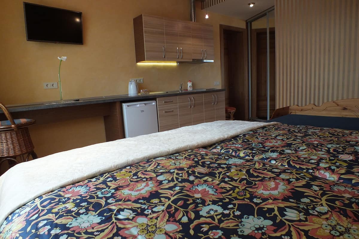 Ein Schlafzimmer mit einem großen Bett, einer kleinen Küchenzeile, einem Fernseher und einer Schiebetür zu einem Badezimmer.