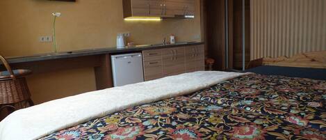 A bedroom with a large bed, a small kitchenette, a television, and a sliding door leading to a bathroom.