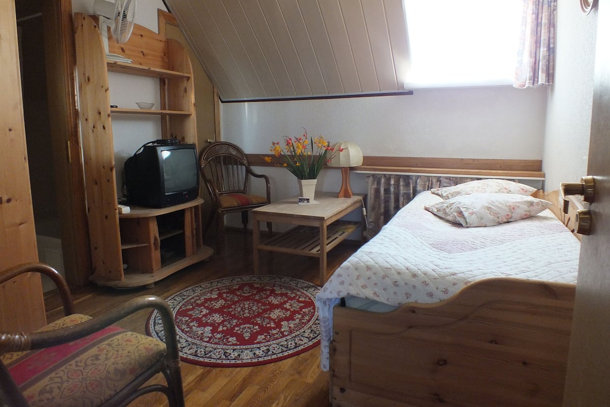 Ein gemütliches Zimmer mit Bett, Holzschreibtisch, Stuhl, Fernseher und einem Fenster mit Vorhängen.