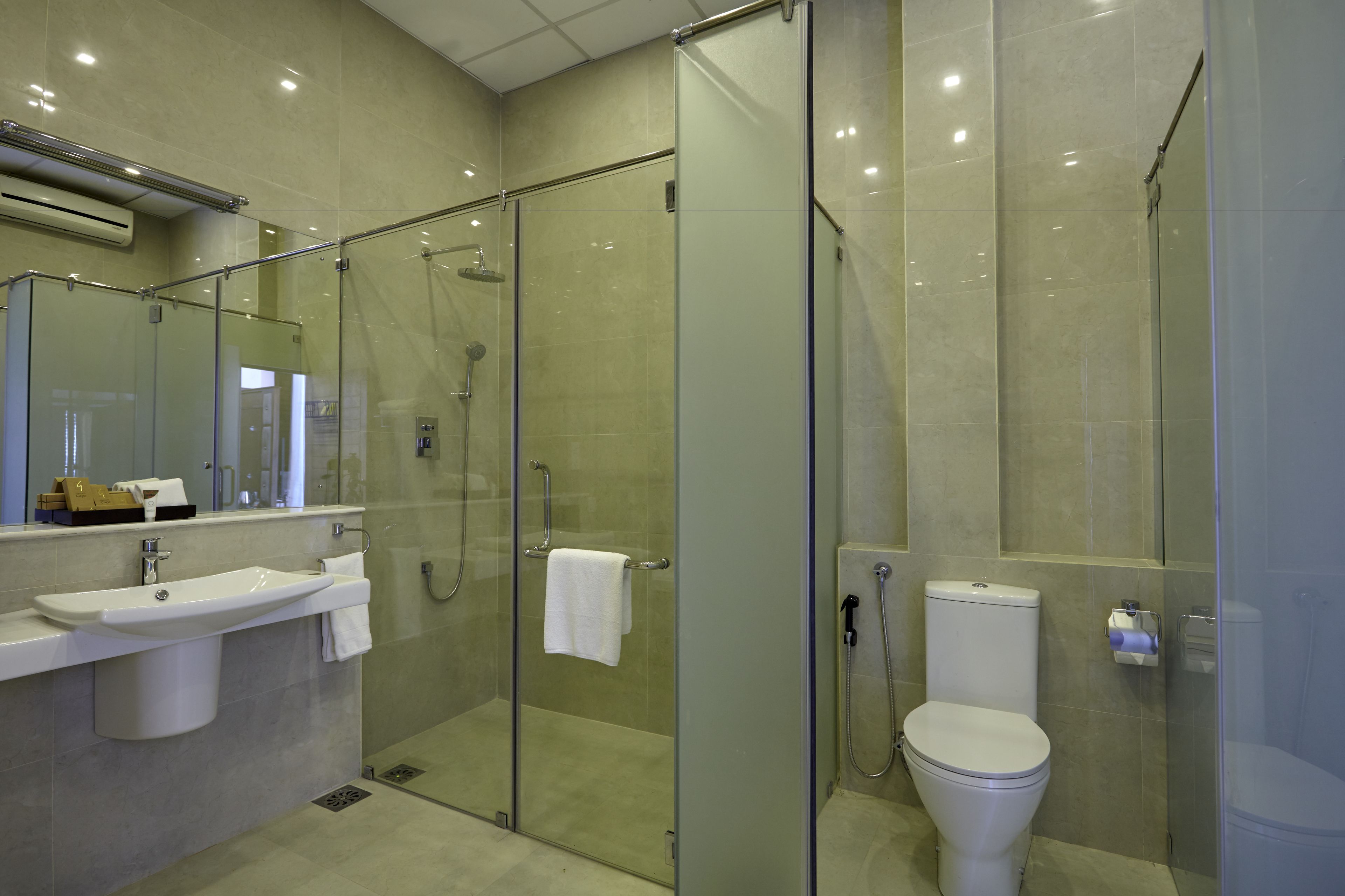 Un baño moderno con ducha de vidrio, un lavabo blanco y un inodoro.