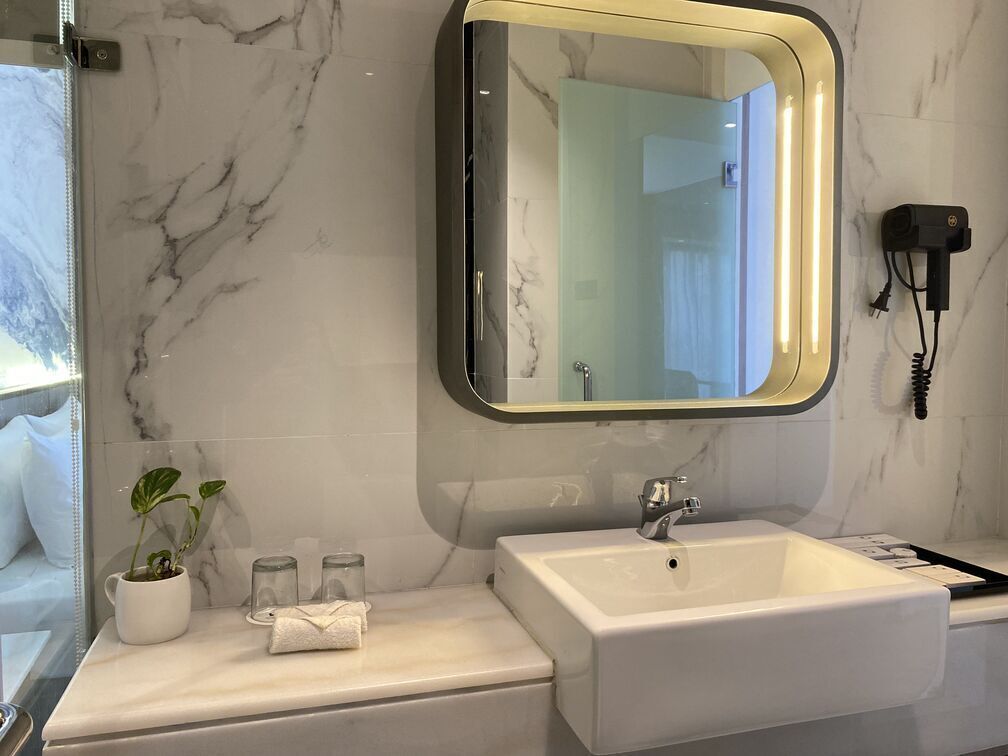 Une salle de bain avec un mur en marbre, un lavabo, un miroir, un sèche-cheveux et une plante en pot.