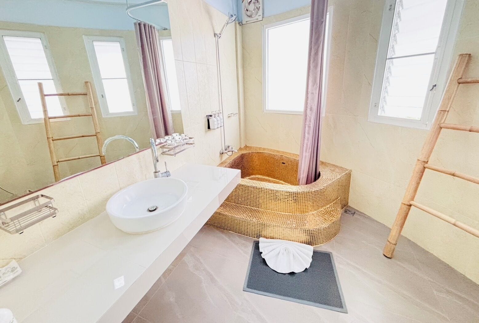 separate bathtub and shower, free toiletries, hair dryer, bathrobes