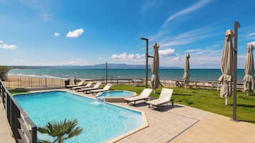 Seasonal outdoor pool, pool umbrellas, pool loungers