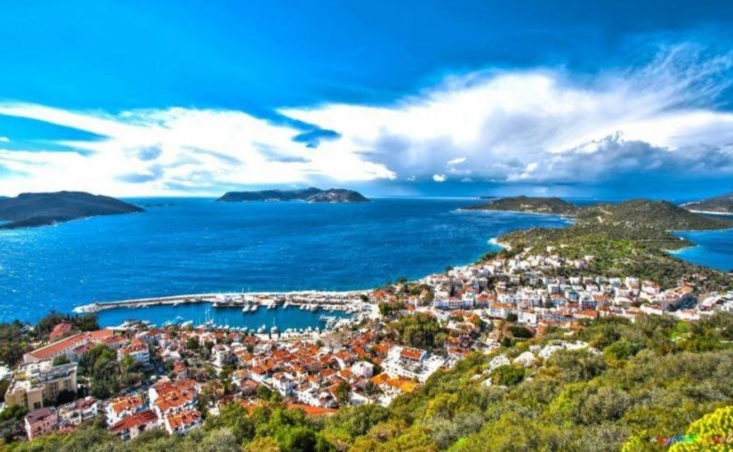 A coastal town with a marina, dense housing, and hilly terrain.