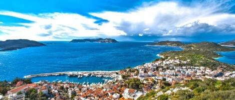 A coastal town with a marina, dense housing, and hilly terrain.