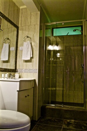 Un baño con inodoro, lavamanos y ducha con mampara de vidrio.