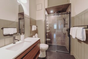 A modern bathroom with a glass shower enclosure, a sink with a mirror, and a toilet.