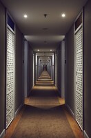 A long, narrow hallway with a carpeted floor and doors on both sides.