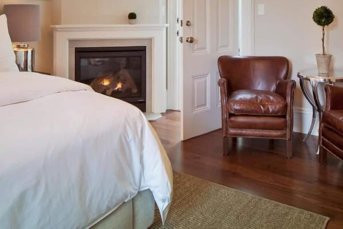 Un dormitorio con chimenea, una cama, un sillón de cuero y una mesita con una planta.