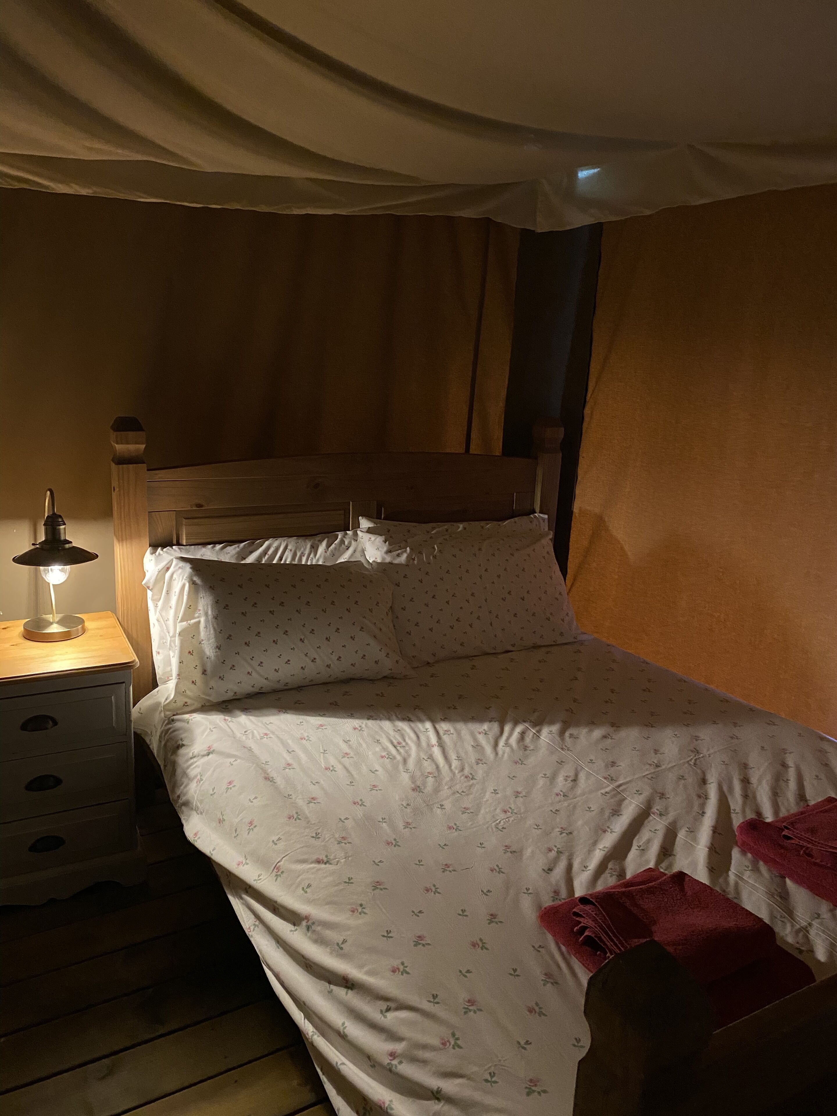 A single bed with floral bedding, a bedside table with a lamp, and a wooden headboard.