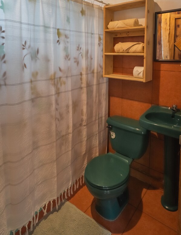 Une salle de bain équipée de toilettes, d’un lavabo et d’étagères où sont rangées les serviettes.
