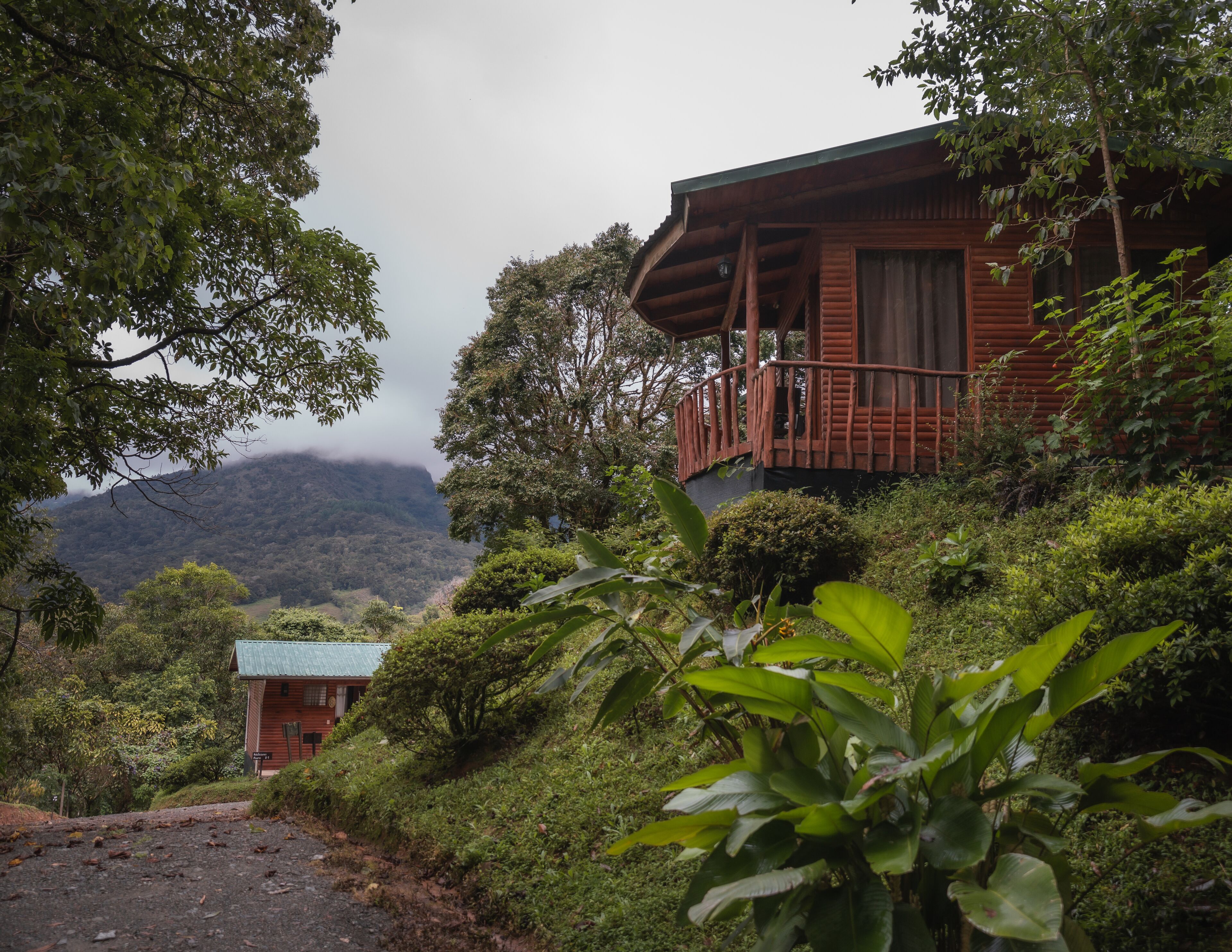 A wooden cabin with a balcony, surrounded by lush greenery and hills in the background.