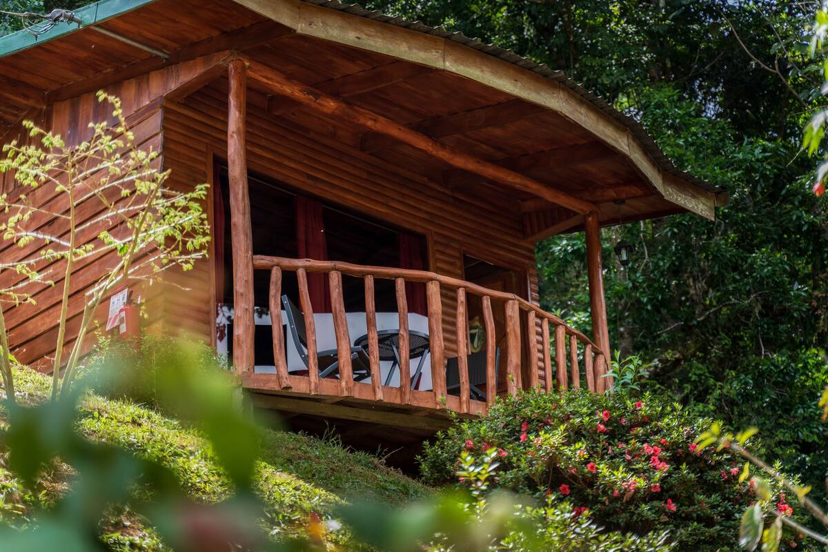A wooden cabin with a balcony, surrounded by lush greenery.