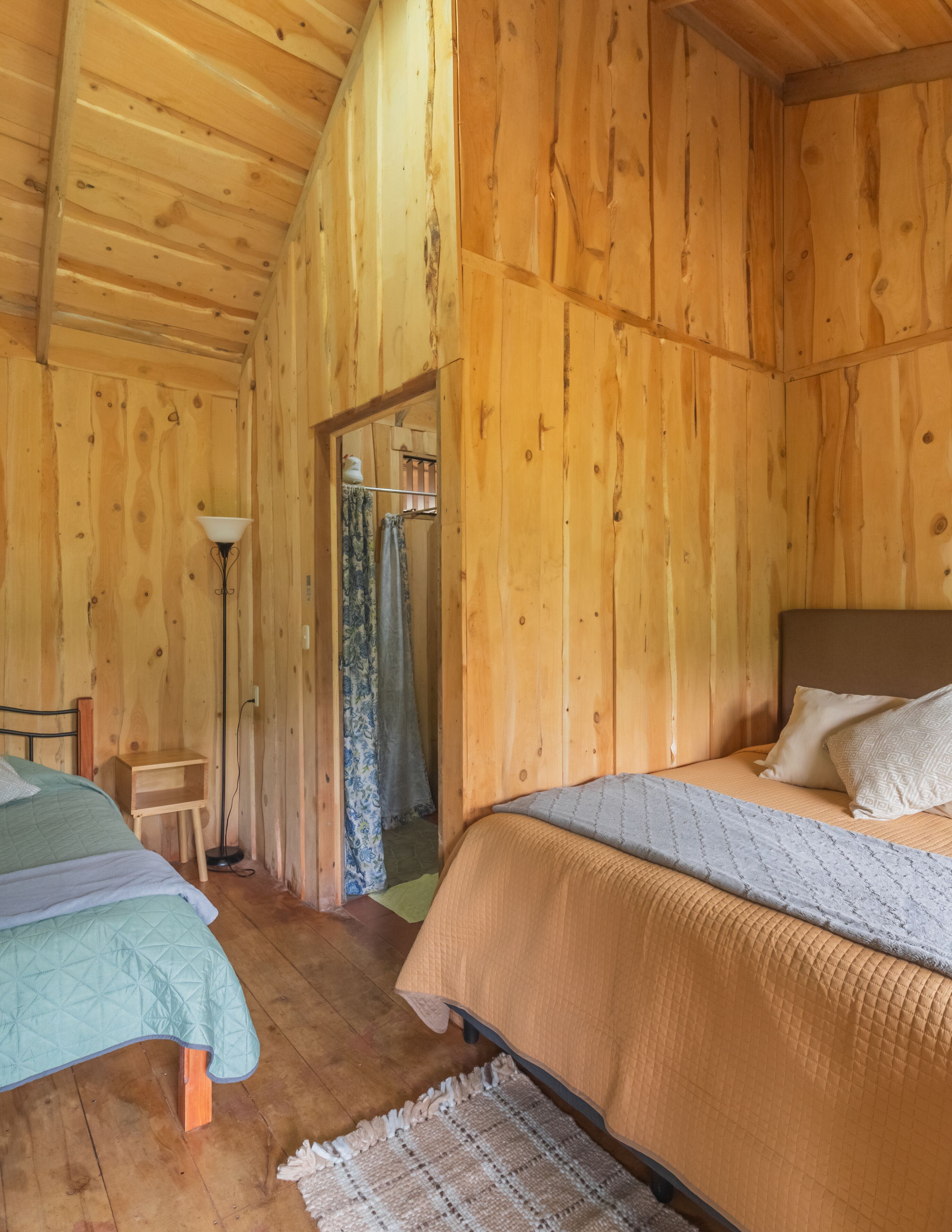 Een slaapkamer in een houten hutje met twee bedden, een nachtkastje, een lamp en een deur naar een badkamer.