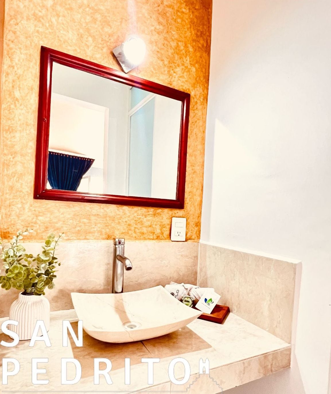 Ein Badezimmer mit einem beigen Waschbecken, einem Spiegel mit Holzrahmen und einer Topfpflanze.