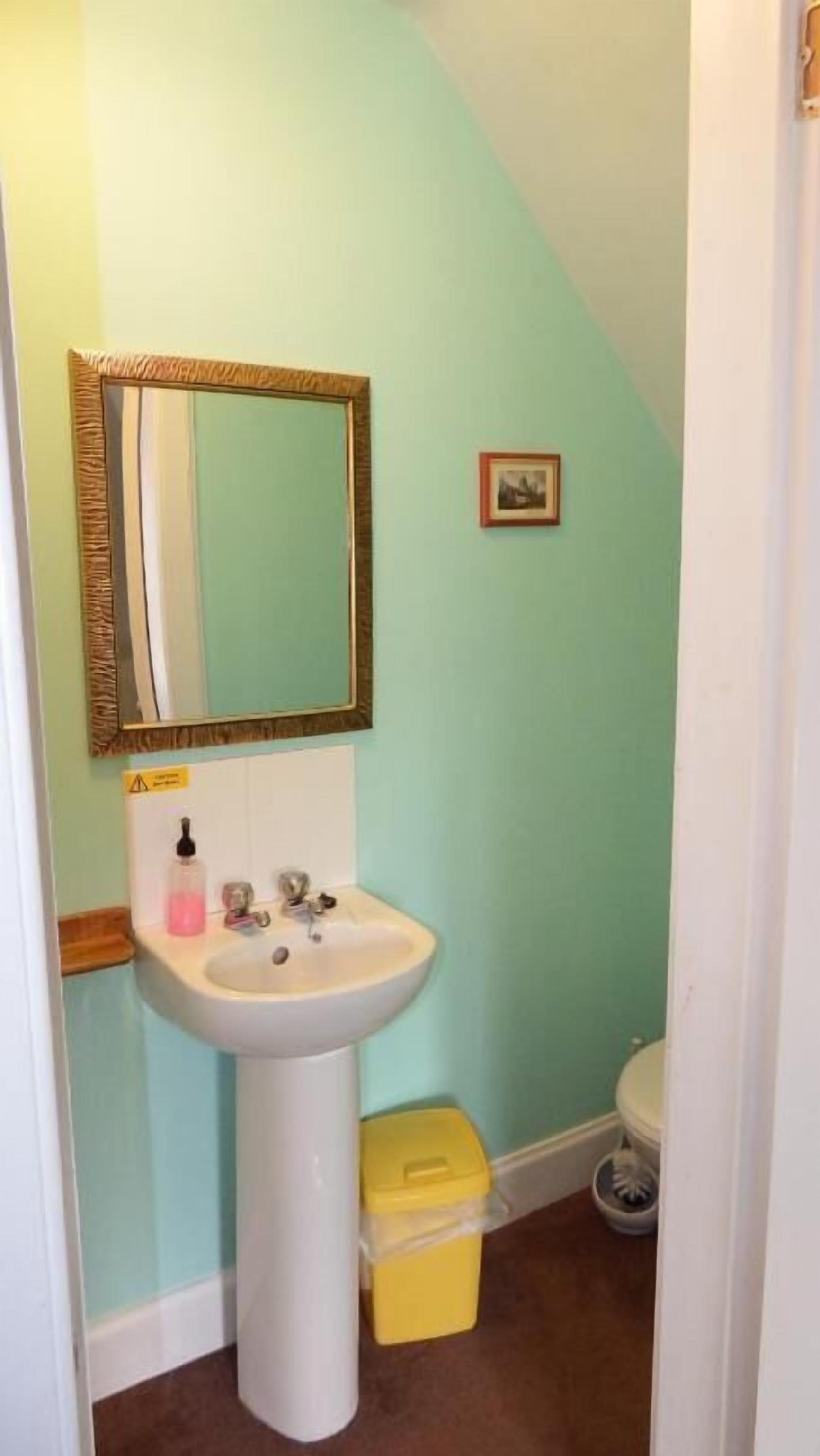 A bathroom with a sink, mirror, and toilet.