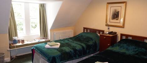 A bedroom with two beds, a window with curtains, a radiator, a bedside table with a lamp, and a framed picture on the wall.
