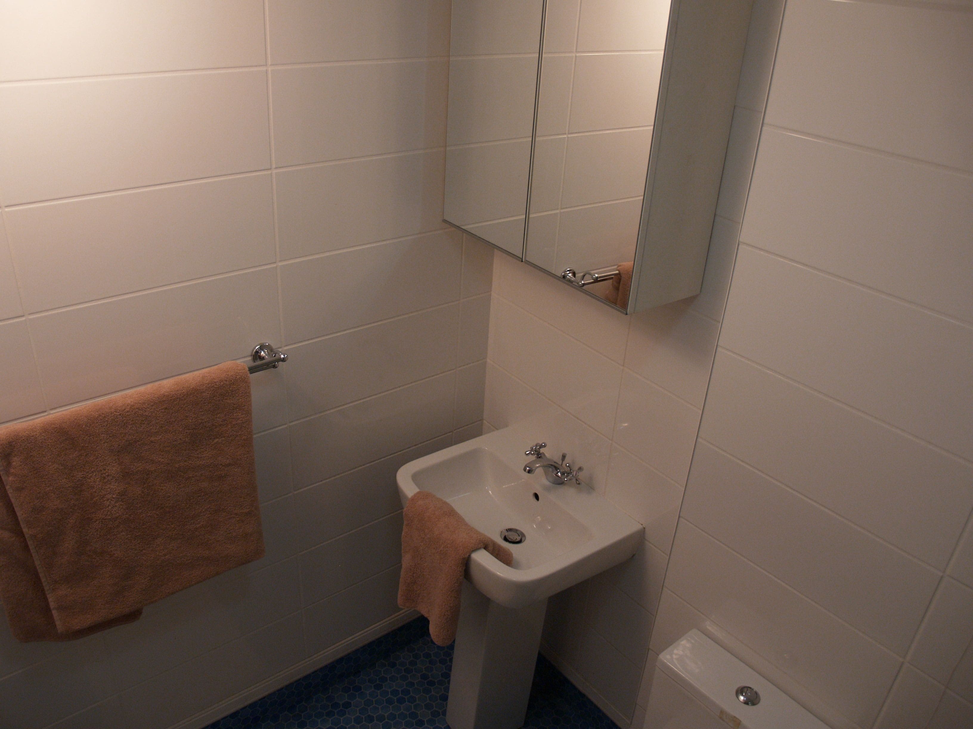 Une petite salle de bain avec un lavabo, un miroir et un porte-serviettes.