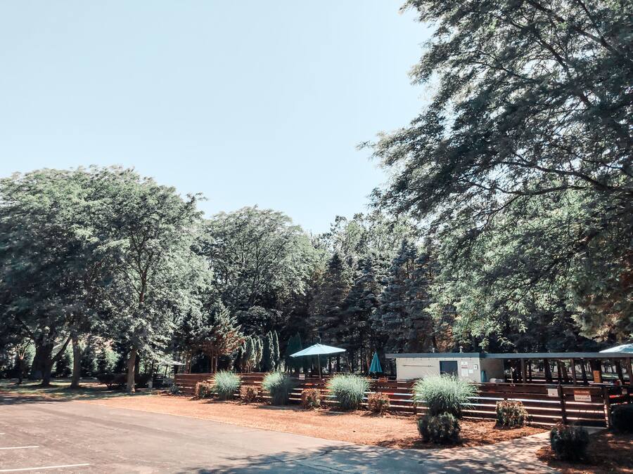 A campground with picnic tables, a small cabin, and a fenced area.