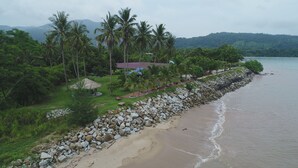 A beach with a rocky shoreline, palm trees, and a thatched-roof structure. - Tanjung Puteri Motel (Langkawi)