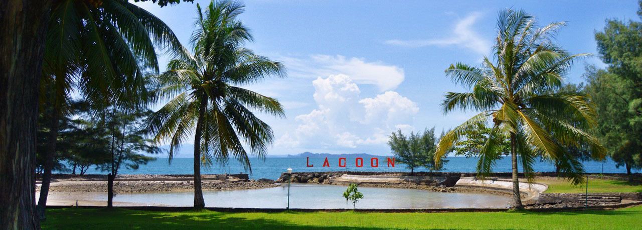 Vista de la playa con palmeras y la palabra "LAGOON" visible.
