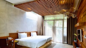 A modern bedroom with a large bed, wooden headboard, and a slatted ceiling design. - ChooArt Villa (Sanyi)