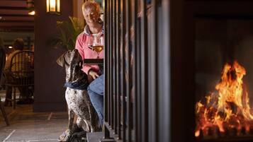 A person sitting on a bench next to a dog, with a fire in the background.