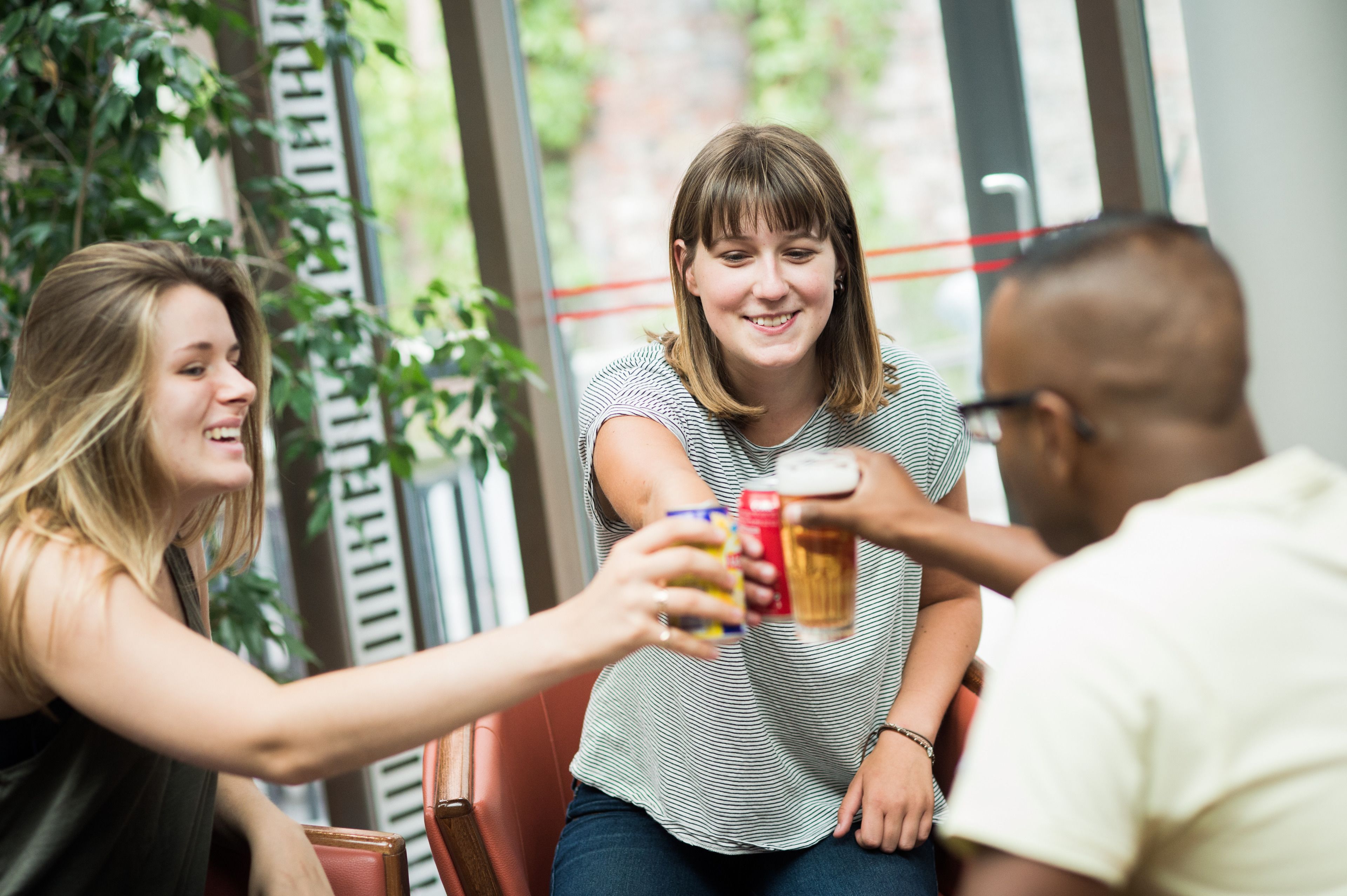 Tres personas brindando con cerveza en un ambiente interior moderno, con ventanas amplias y plantas de interior.