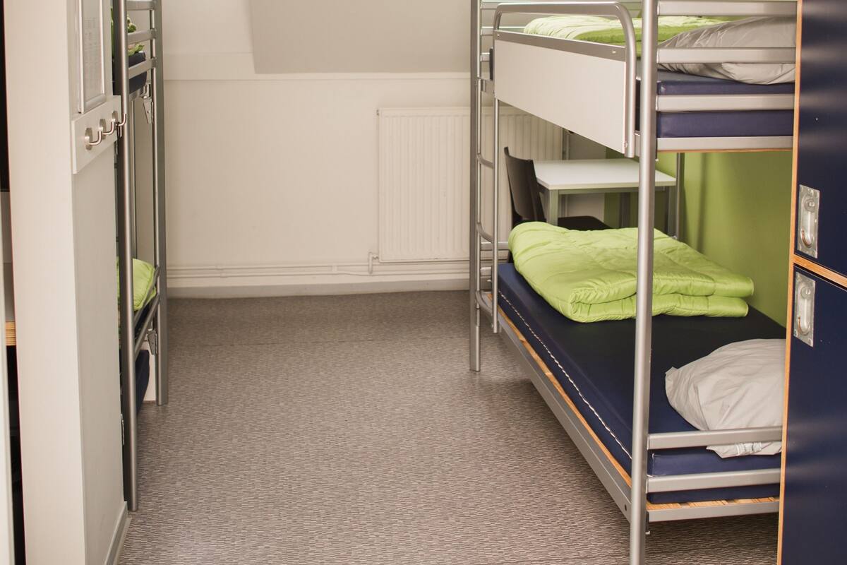 Un dormitorio con literas, un tragaluz, un radiador y un armario.