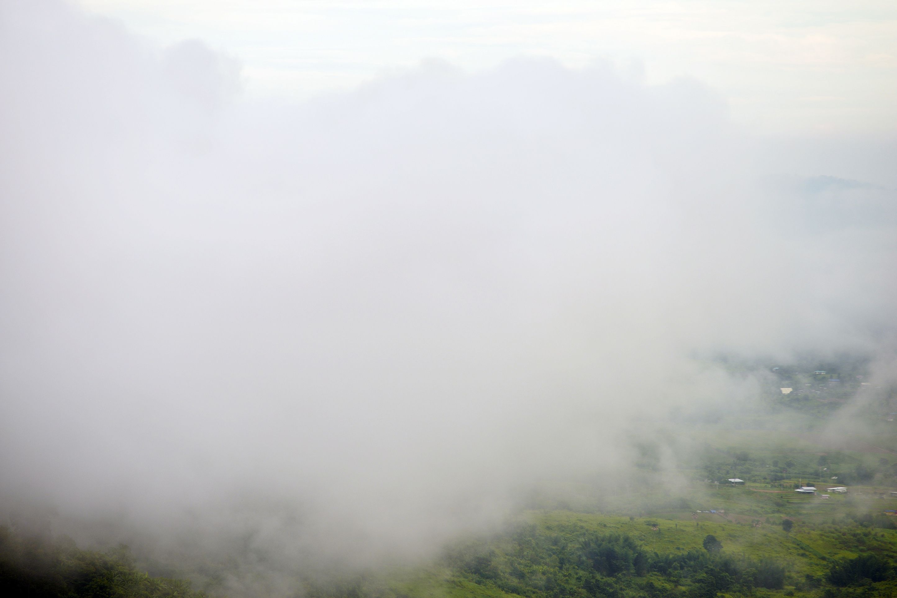 A landscape with a valley and a mist-covered area.
