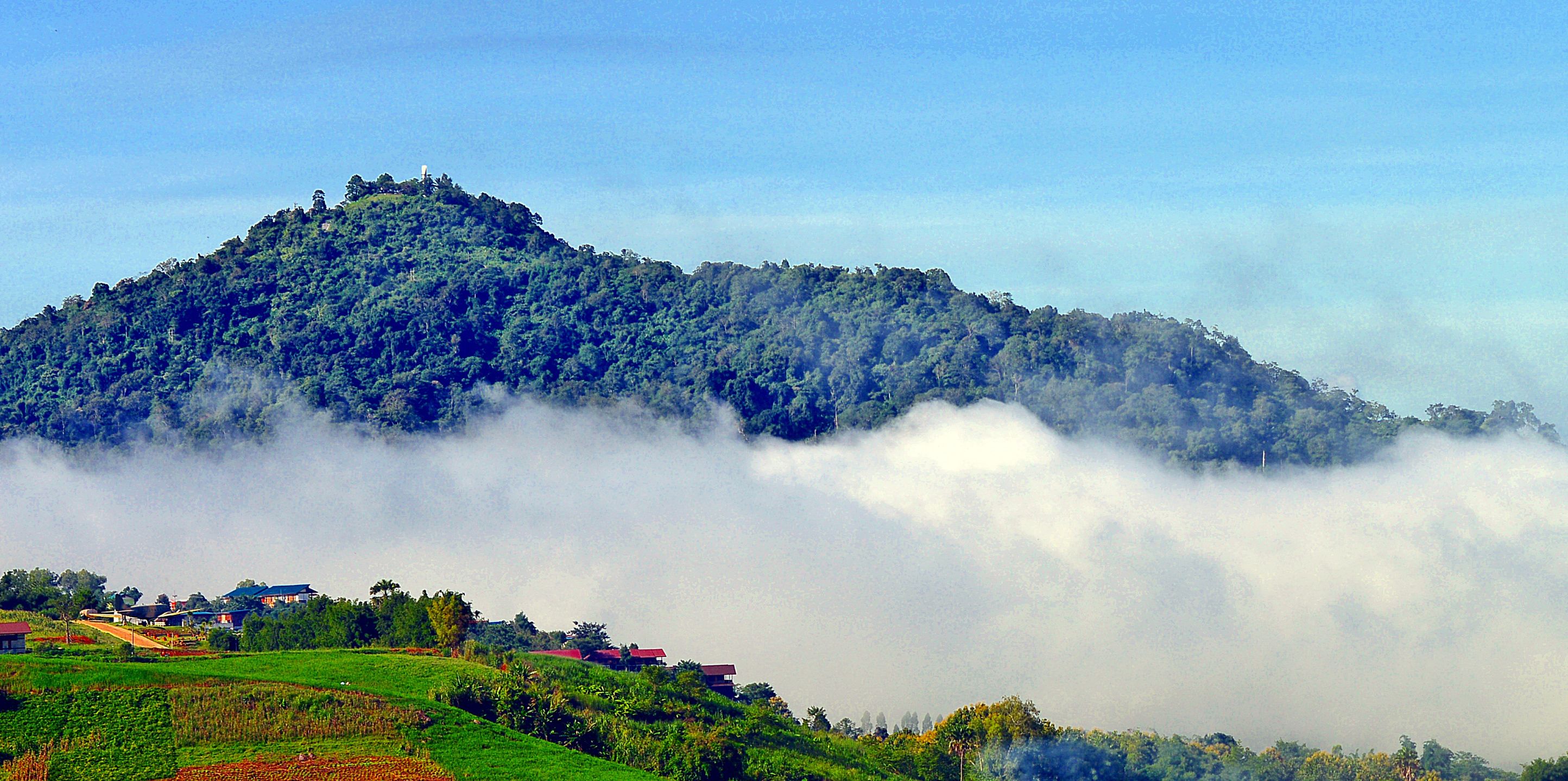 A mountainous landscape with a village at its base, surrounded by lush greenery and enveloped in mist.