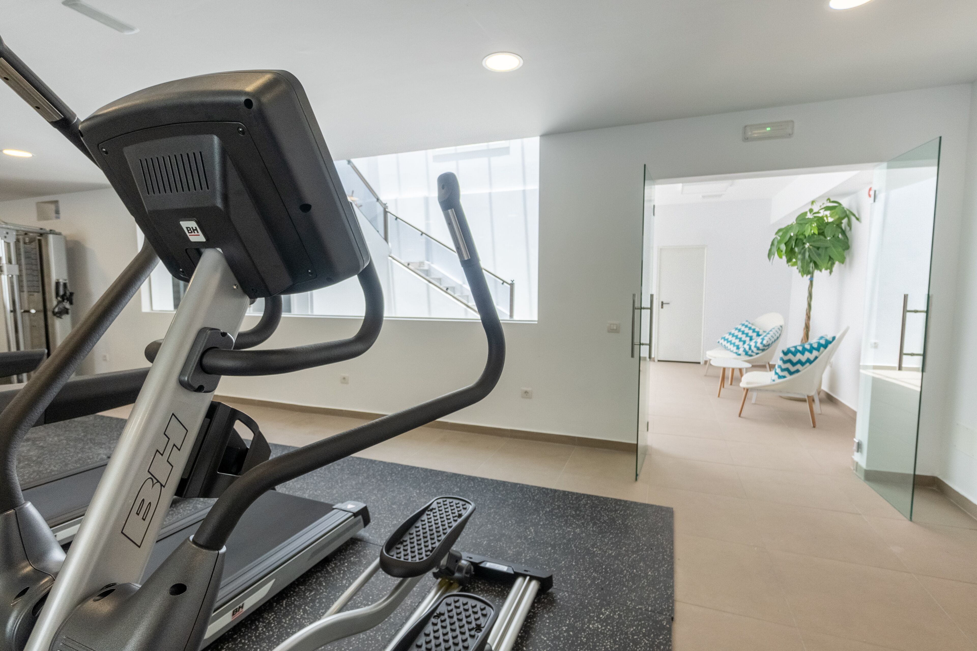 Un gimnasio con una cinta de correr, una escaladora y una puerta de cristal que da a una zona de estar con sillas y una planta.