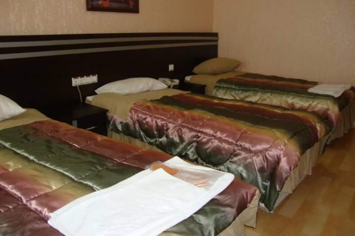Ein Hotelzimmer mit drei Betten, jedes mit einer andersfarbigen Tagesdecke. Zwischen den Betten befindet sich ein Nachttisch mit Telefon und Lampe.