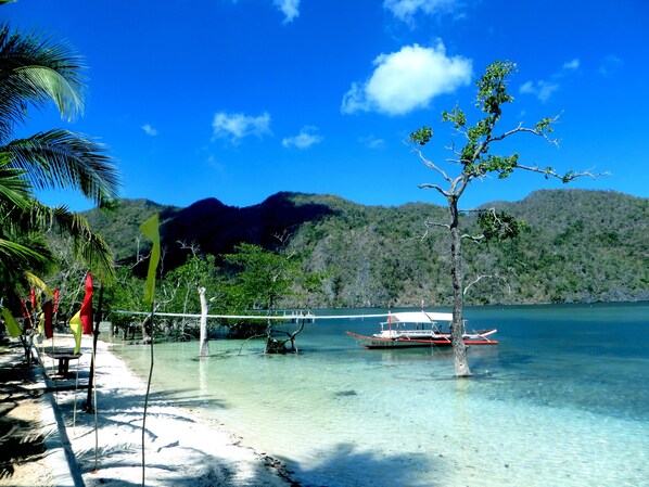 Private beach, white sand, free beach shuttle, sun-loungers